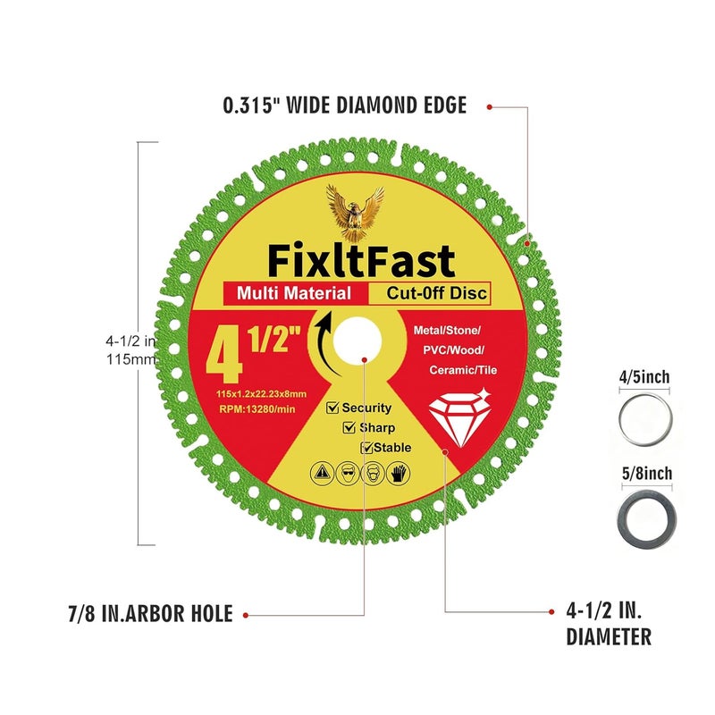 Fix It Fast 4 1/2 x 7/8 Inch Indestructible Multi-Material Diamond Cut Off Disc for Angle Grinders, with 5/8" and 4/5" Washer - 3 Pack - Image 3
